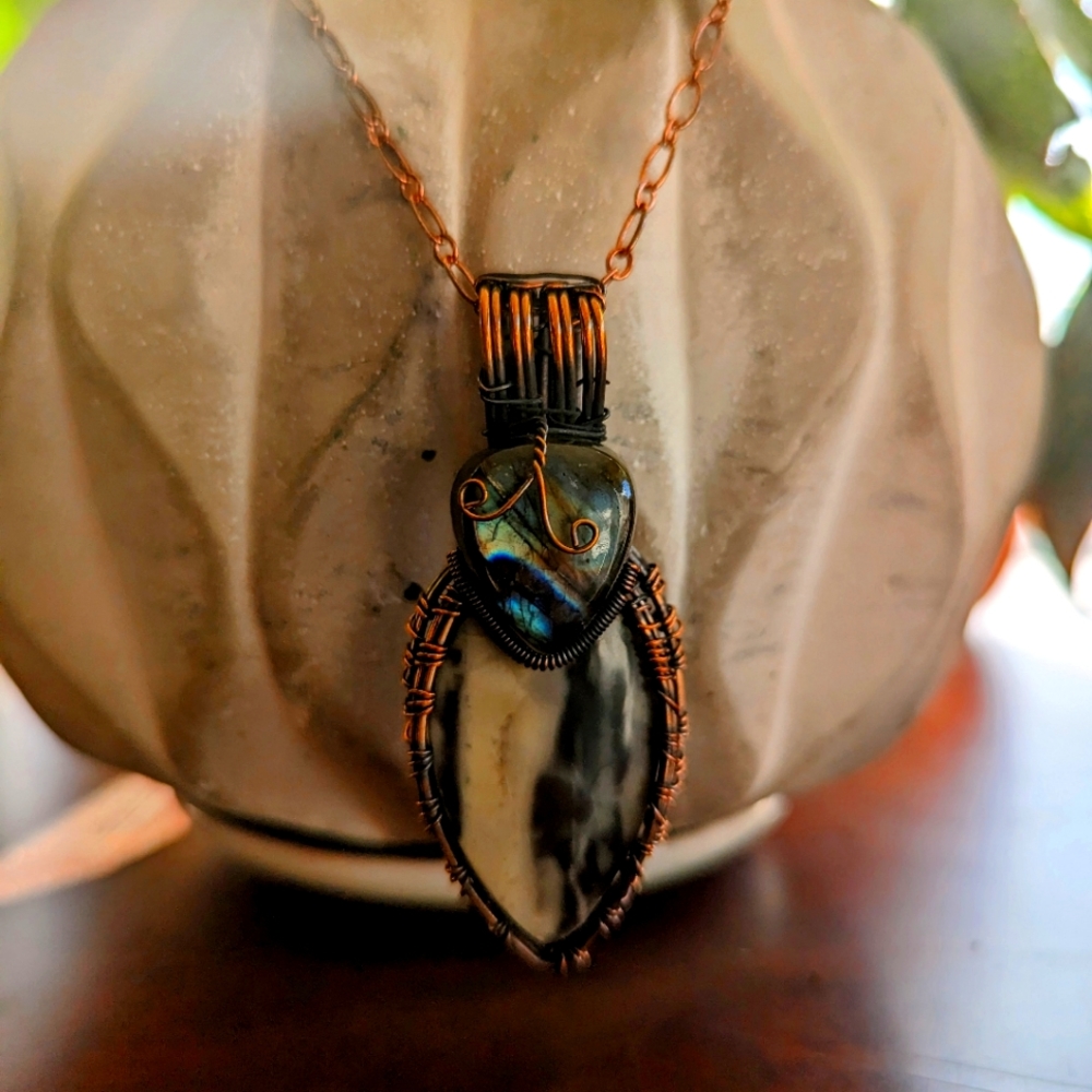 Picasso Jasper Pendant with Copper Wire Wrap and Chain
